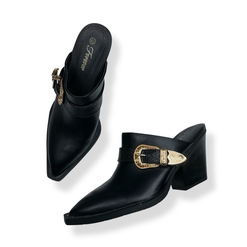 Forever Bootie Women 6.5M Black Pointed Toe Buckle Mule Slip On Western